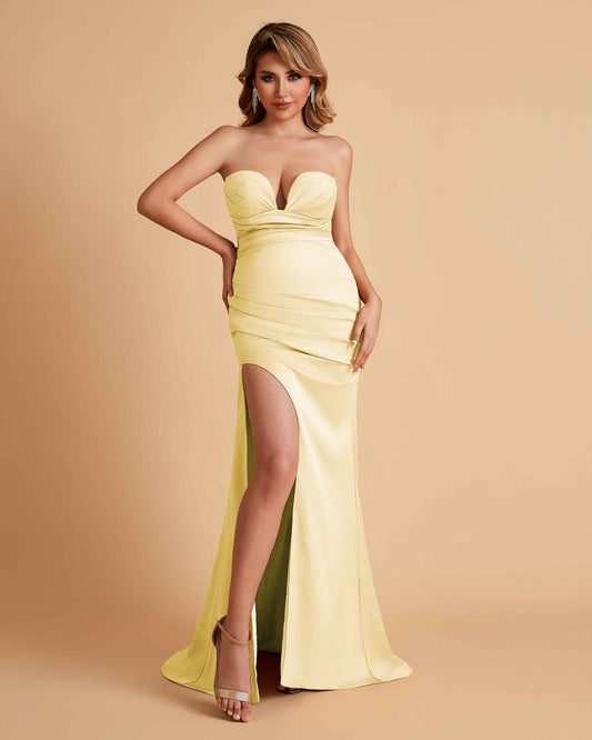 Elegant Satin Sweetheart Mermaid Side Slit Floor Length Bridesmaid Dresses