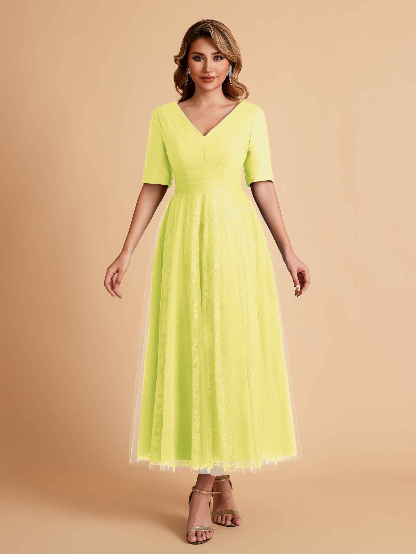 Elegant A-line Half Sleeves V-neck Mother of the Brides Dresses Online