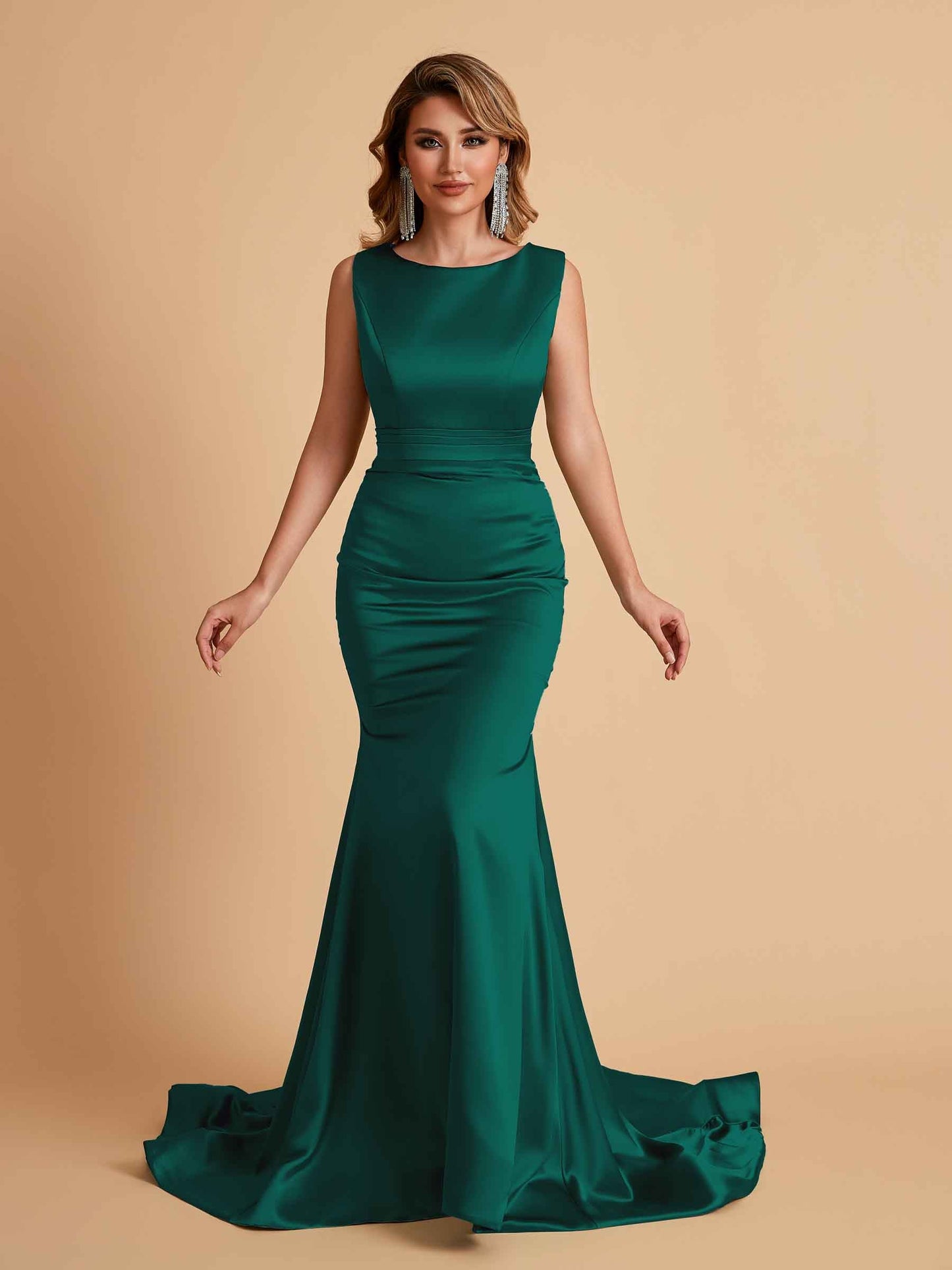 Elegant Satin Sleeveless Pleats Mermaid Bridesmaid Dresses Floor Length
