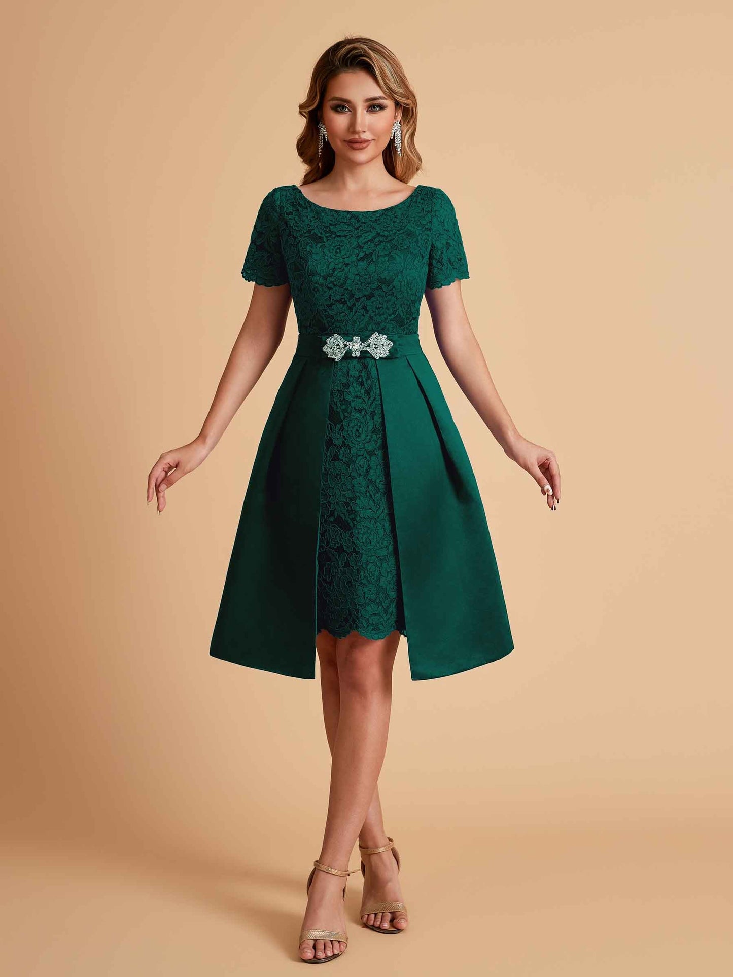 Elegant A-line Short Sleeves Jewel Knee Length Mother of the Brides Dresses