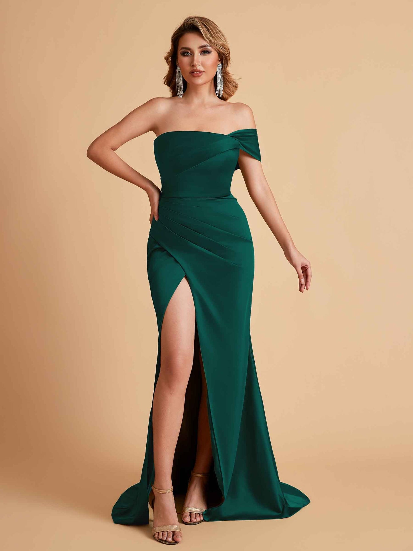Sexy Satin One Shoulder Pleats Mermaid Bridesmaid Dresses Side Slit Floor Length