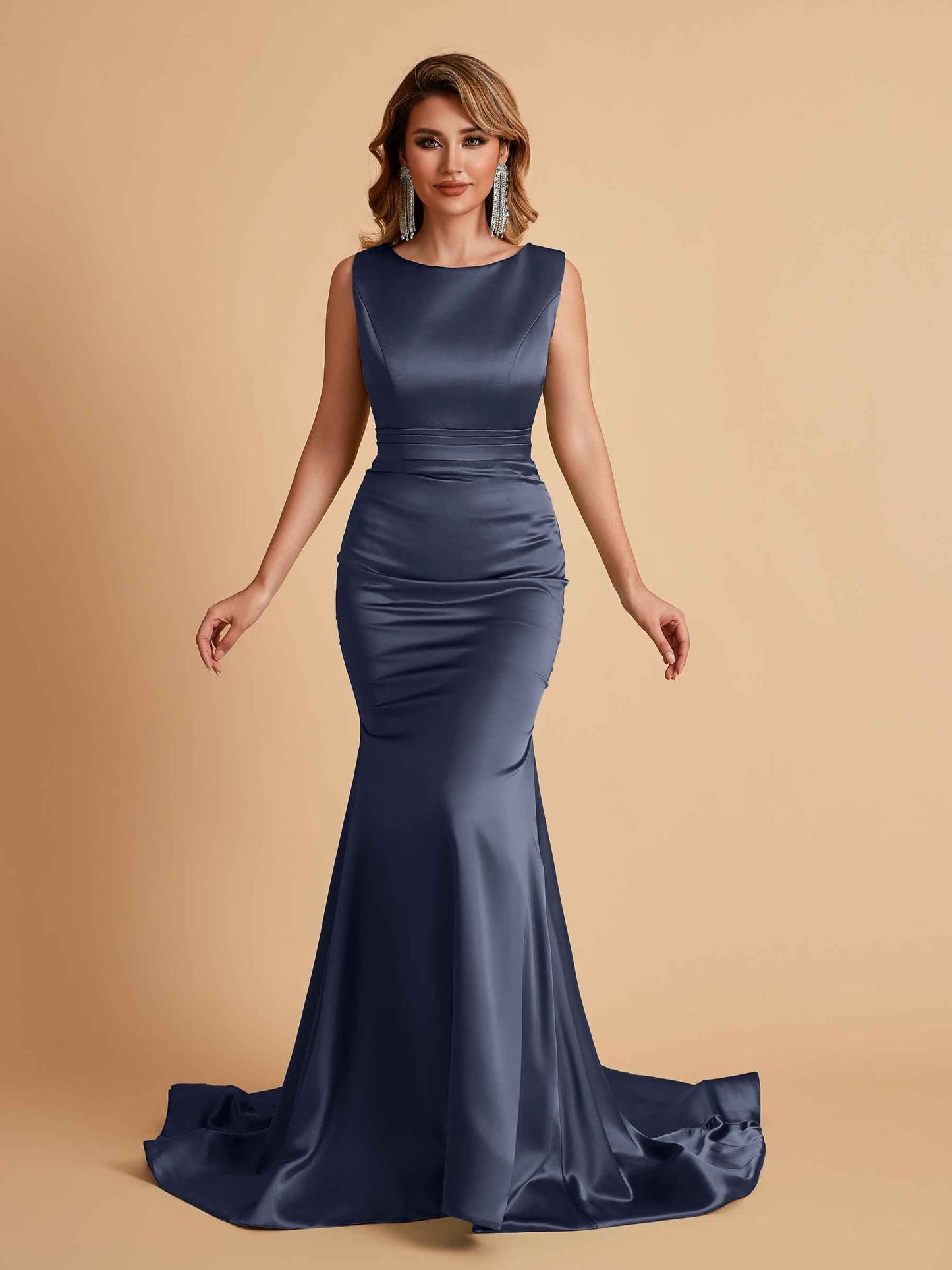 Elegant Satin Sleeveless Pleats Mermaid Bridesmaid Dresses Floor Length