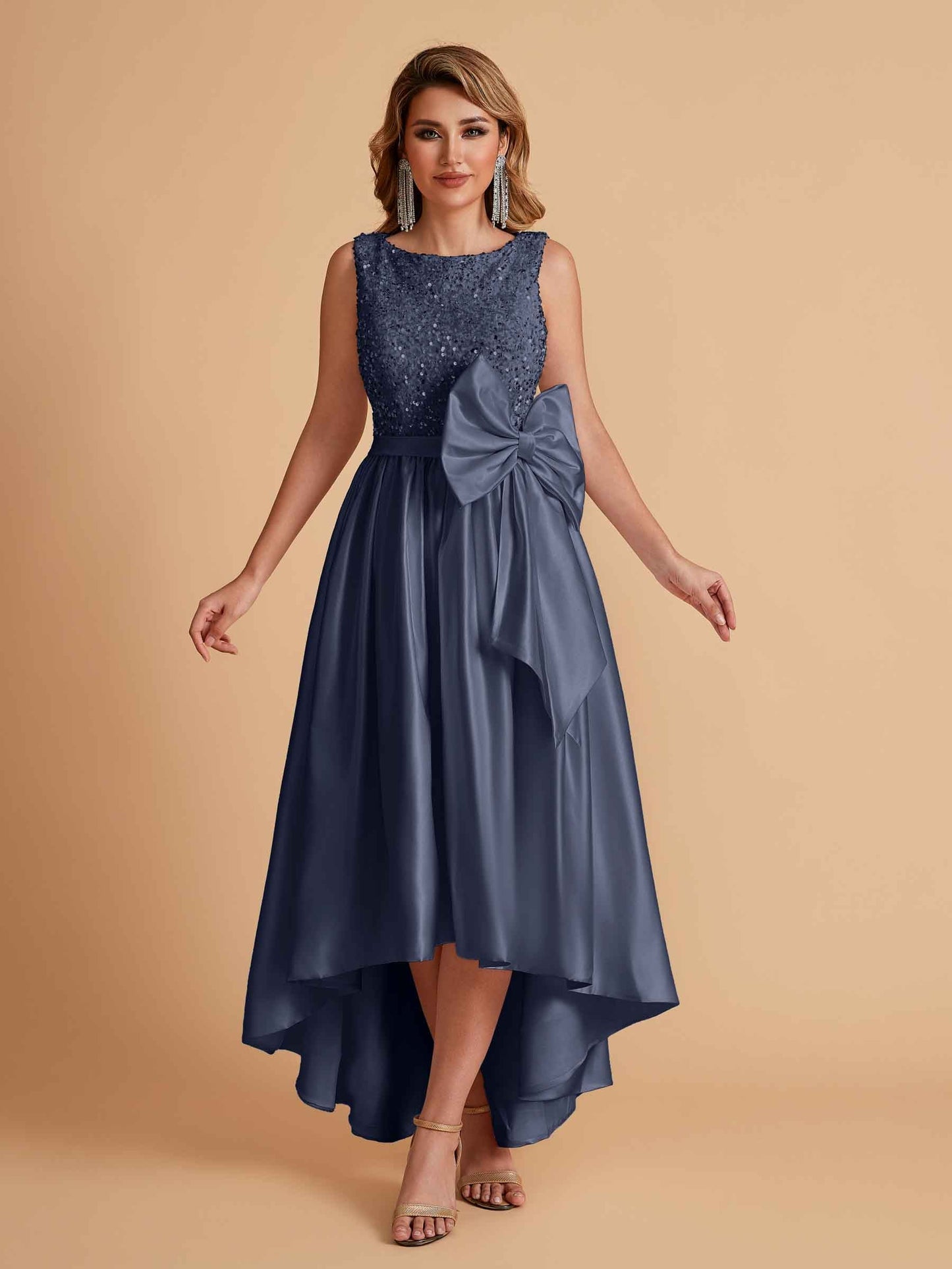Sparkly Satin Sleeveless Pleats A-line Bridesmaid Dresses High-Low