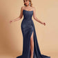 Sexy Satin Sleeveless Pleats Mermaid Bridesmaid Dresses Side Slit Floor Length