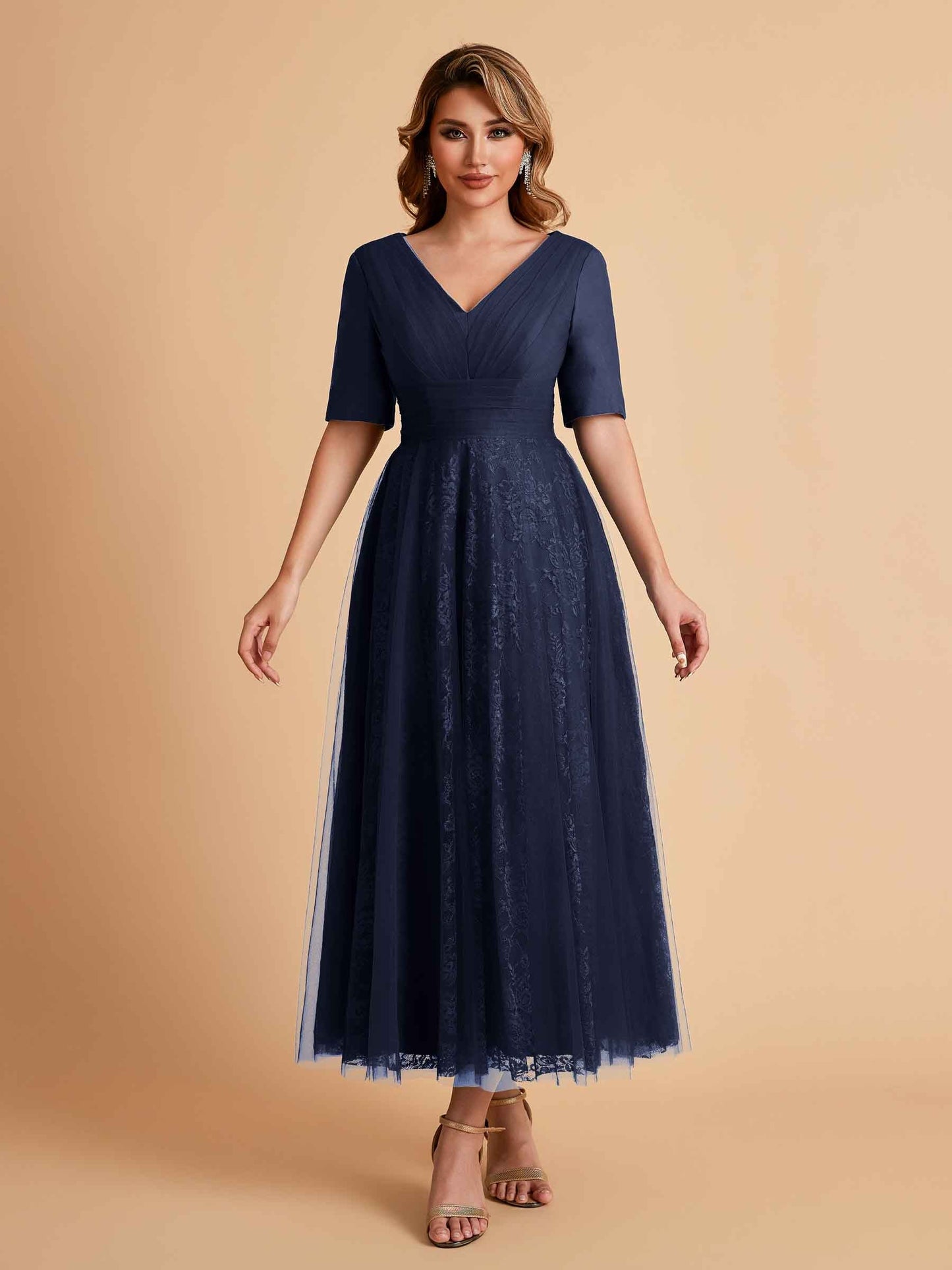 Elegant A-line Half Sleeves V-neck Mother of the Brides Dresses Online