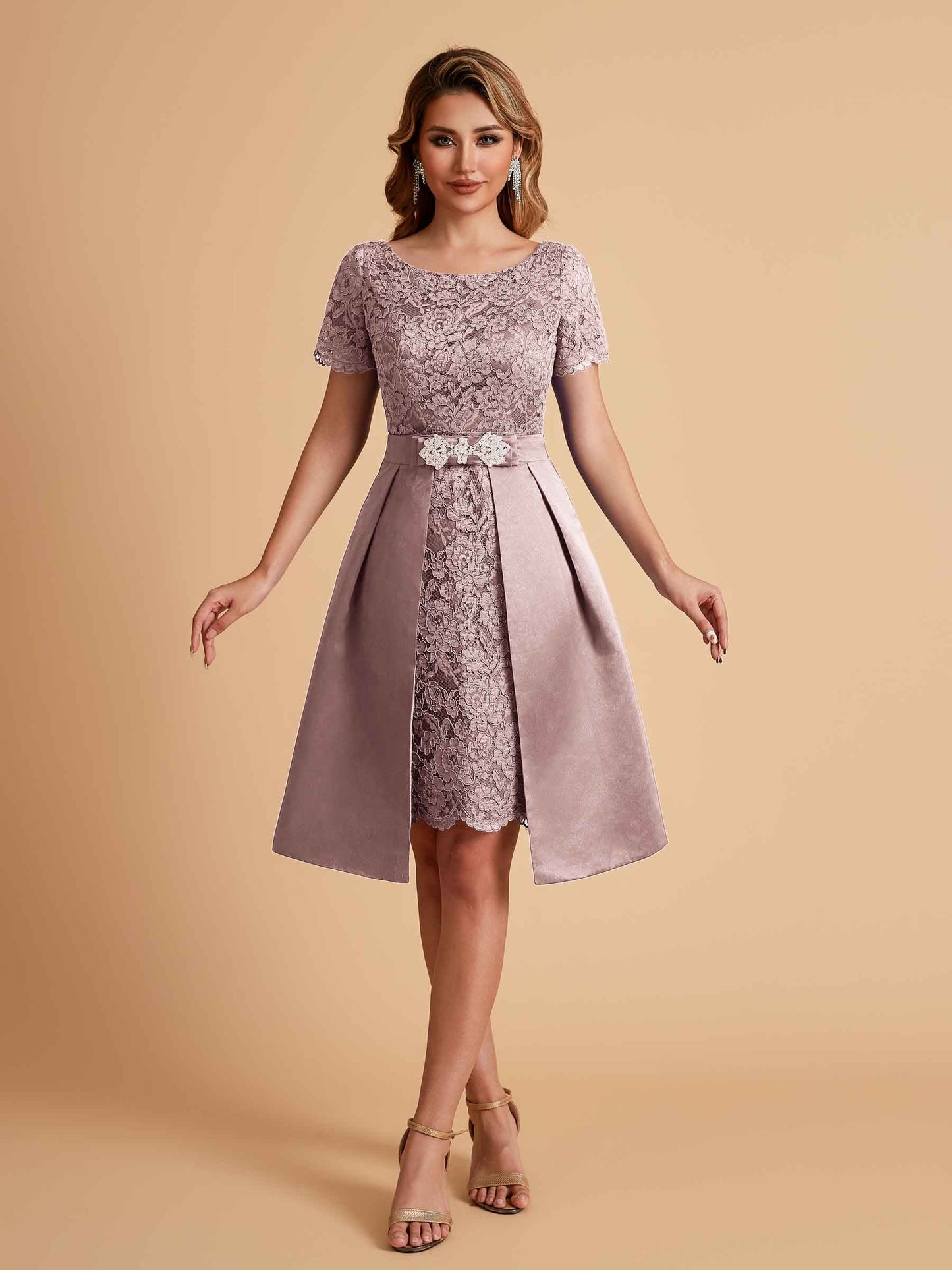 Elegant A-line Short Sleeves Jewel Knee Length Mother of the Brides Dresses