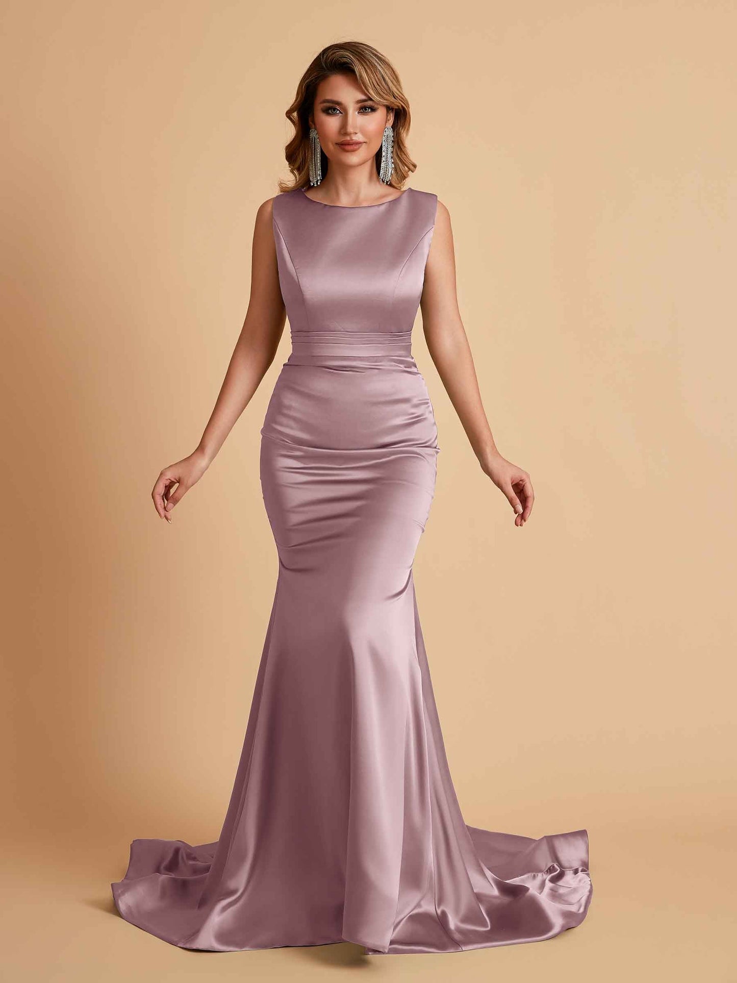Elegant Satin Sleeveless Pleats Mermaid Bridesmaid Dresses Floor Length