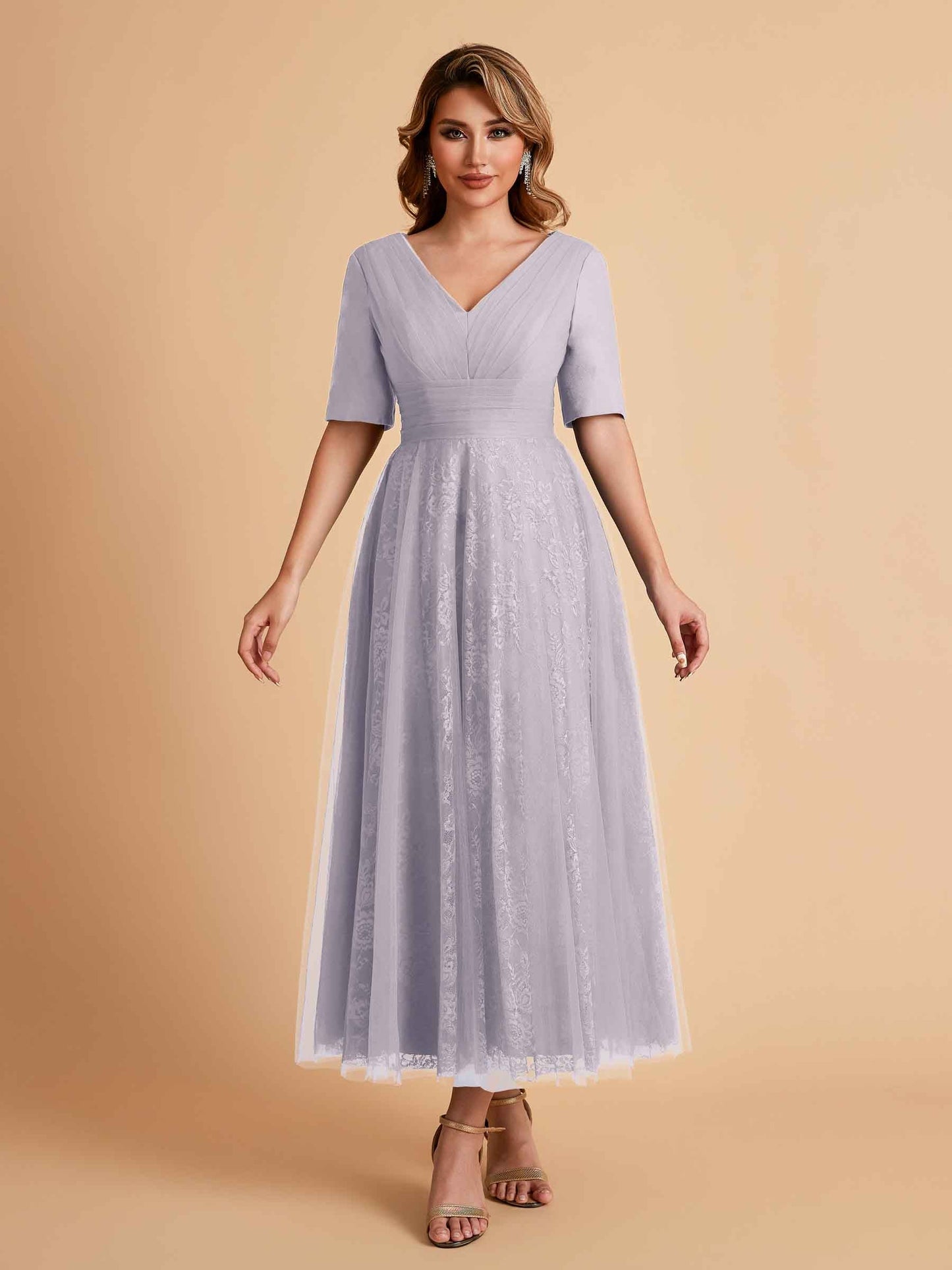 Elegant A-line Half Sleeves V-neck Mother of the Brides Dresses Online