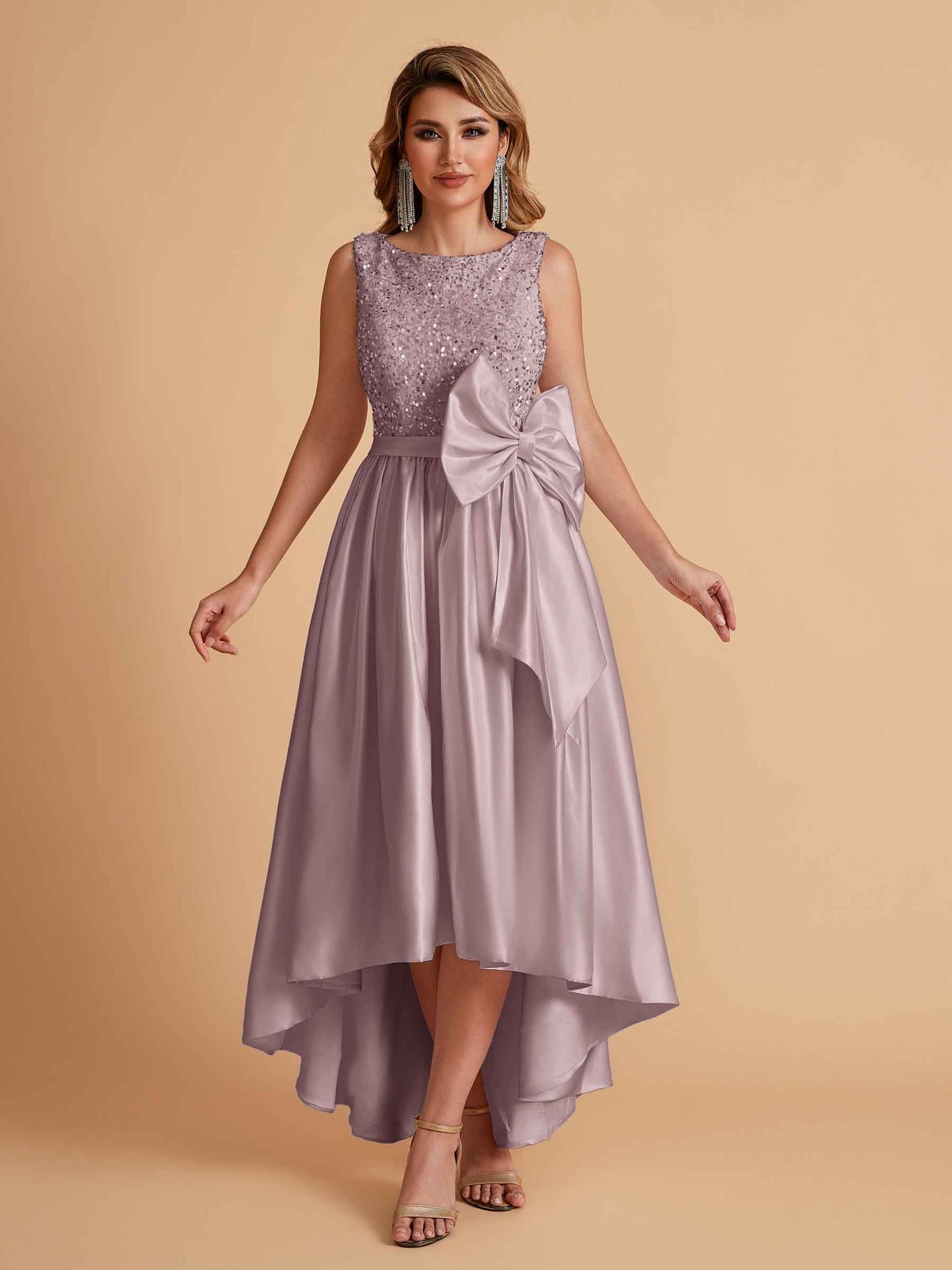 Sparkly Satin Sleeveless Pleats A-line Bridesmaid Dresses High-Low