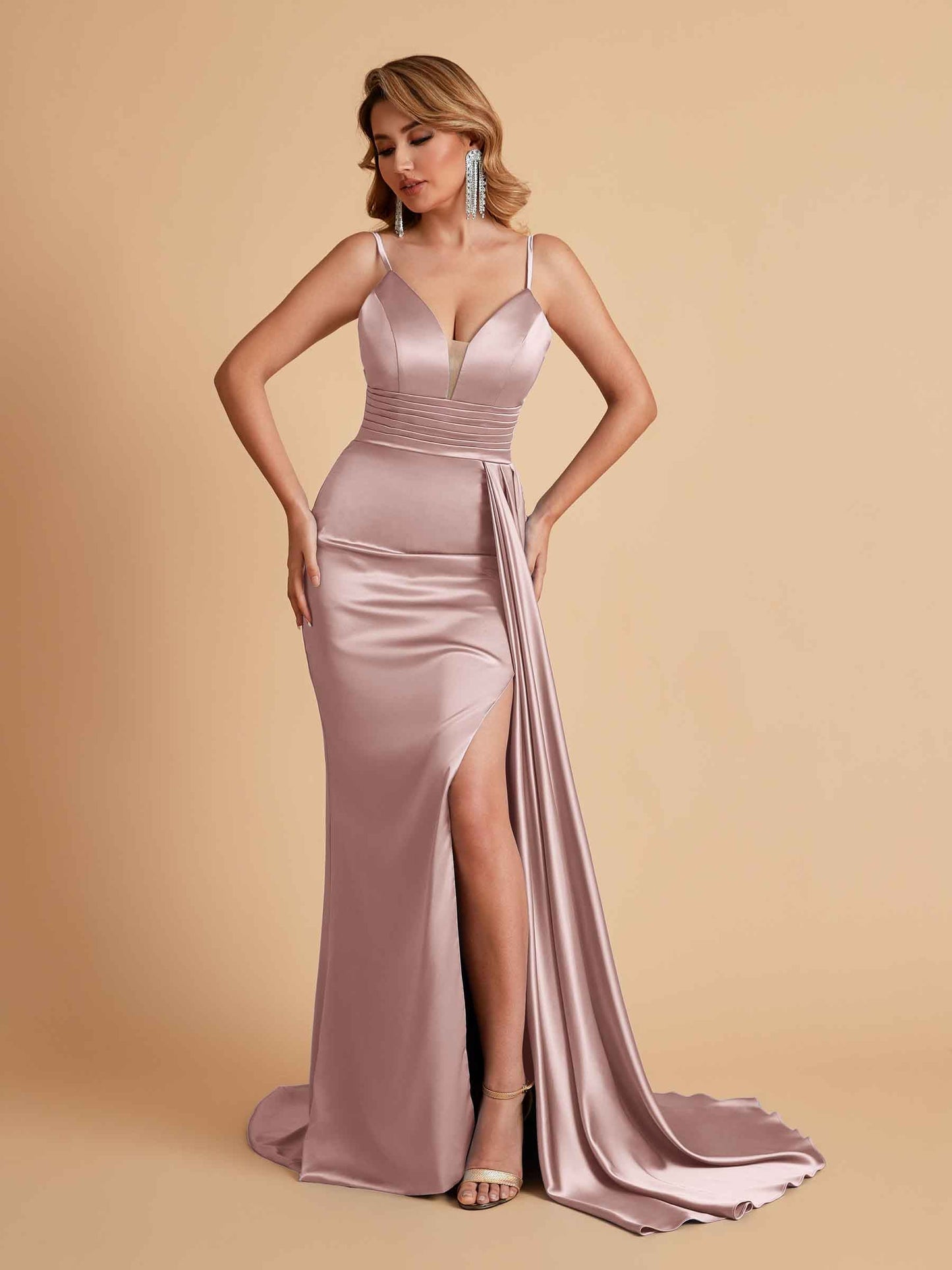 Sexy Satin Mermaid Spaghetti Straps V-neck Side Slit Long Bridesmaid Dresses