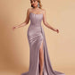 Sexy Satin Sleeveless Pleats Mermaid Bridesmaid Dresses Side Slit Floor Length