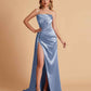 Sexy Satin Strapless Pleats Mermaid Bridesmaid Dresses Side Slit Floor Length