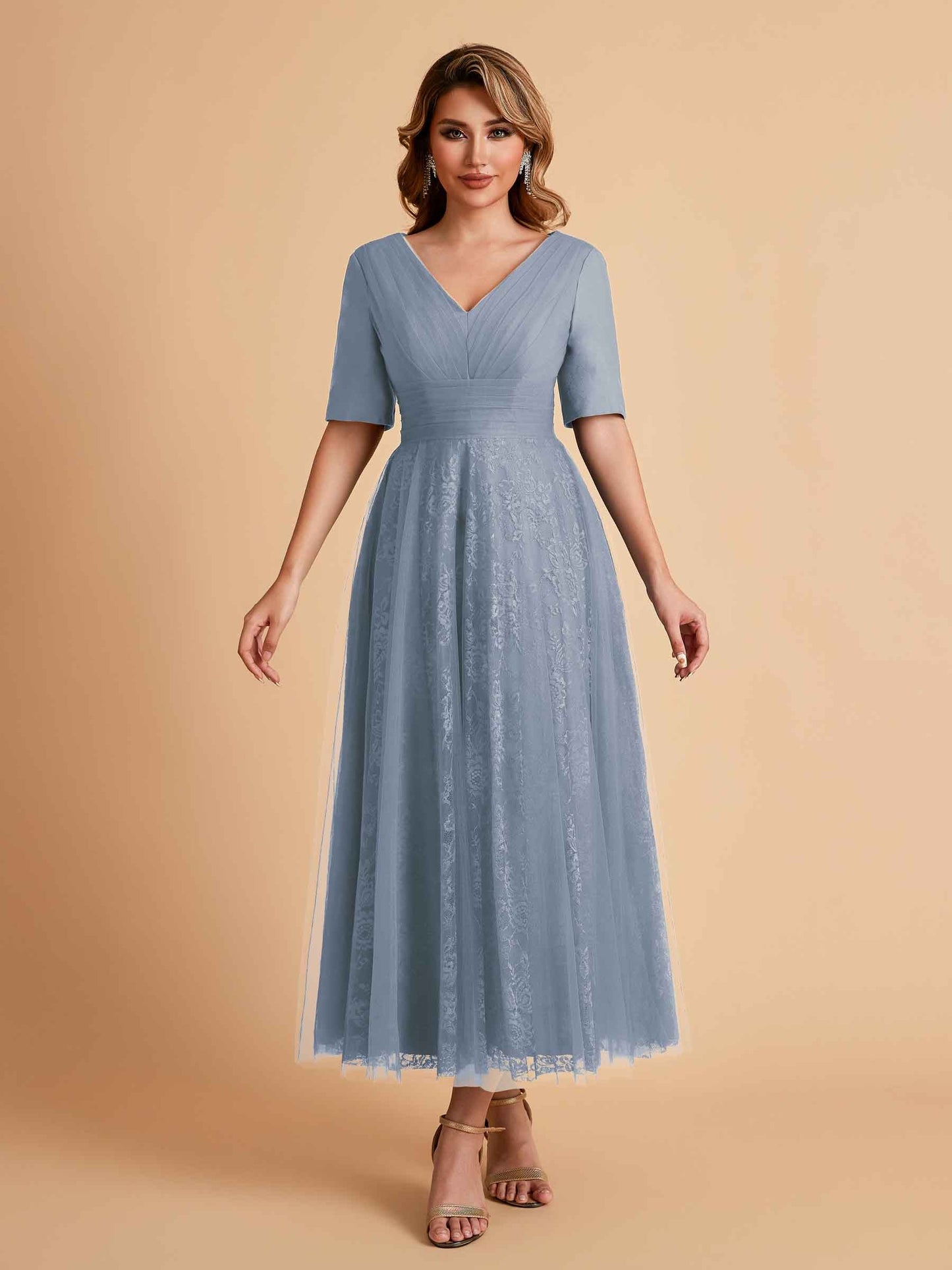 Elegant A-line Half Sleeves V-neck Mother of the Brides Dresses Online