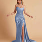 Sexy Satin Sleeveless Pleats Mermaid Bridesmaid Dresses Side Slit Floor Length
