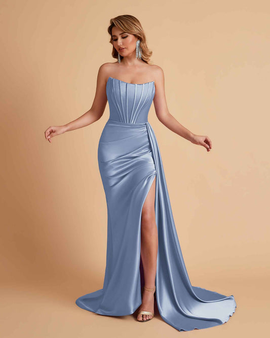 Sexy Satin Sleeveless Pleats Mermaid Bridesmaid Dresses Side Slit Floor Length