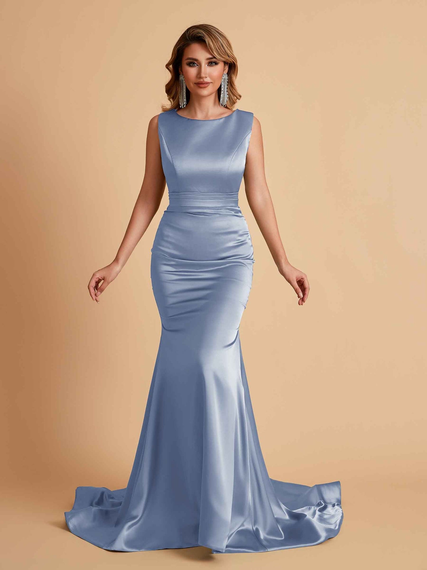 Elegant Satin Sleeveless Pleats Mermaid Bridesmaid Dresses Floor Length