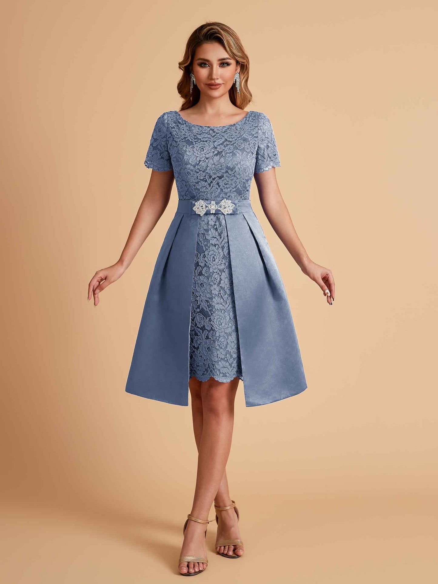 Elegant A-line Short Sleeves Jewel Knee Length Mother of the Brides Dresses