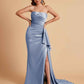 Sexy Satin Side Slit Strapless Pleats Floor Length Mermaid Bridesmaid Dresses