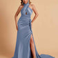 Elegant Satin Halter Pleats Side Slit Mermaid Bridesmaid Dresses Floor-Length