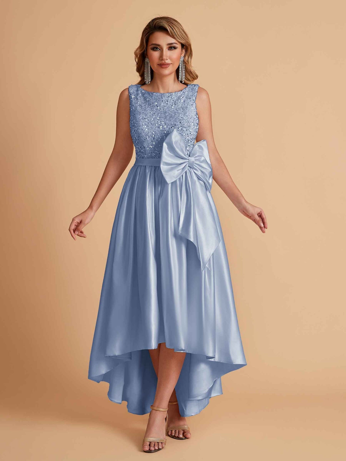 Sparkly Satin Sleeveless Pleats A-line Bridesmaid Dresses High-Low