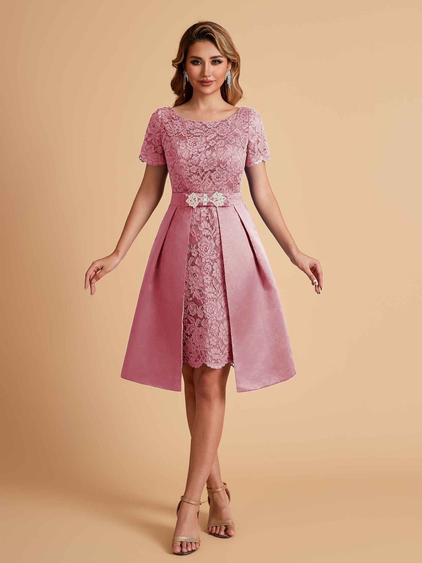 Elegant A-line Short Sleeves Jewel Knee Length Mother of the Brides Dresses