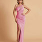 Sexy Satin One Shoulder Mermaid Bridesmaid Dresses Side Slit Floor Length