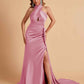 Elegant Satin Halter Pleats Side Slit Mermaid Bridesmaid Dresses Floor-Length