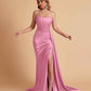 Sexy Satin Sleeveless Pleats Mermaid Bridesmaid Dresses Side Slit Floor Length