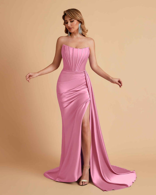 Sexy Satin Sleeveless Pleats Mermaid Bridesmaid Dresses Side Slit Floor Length