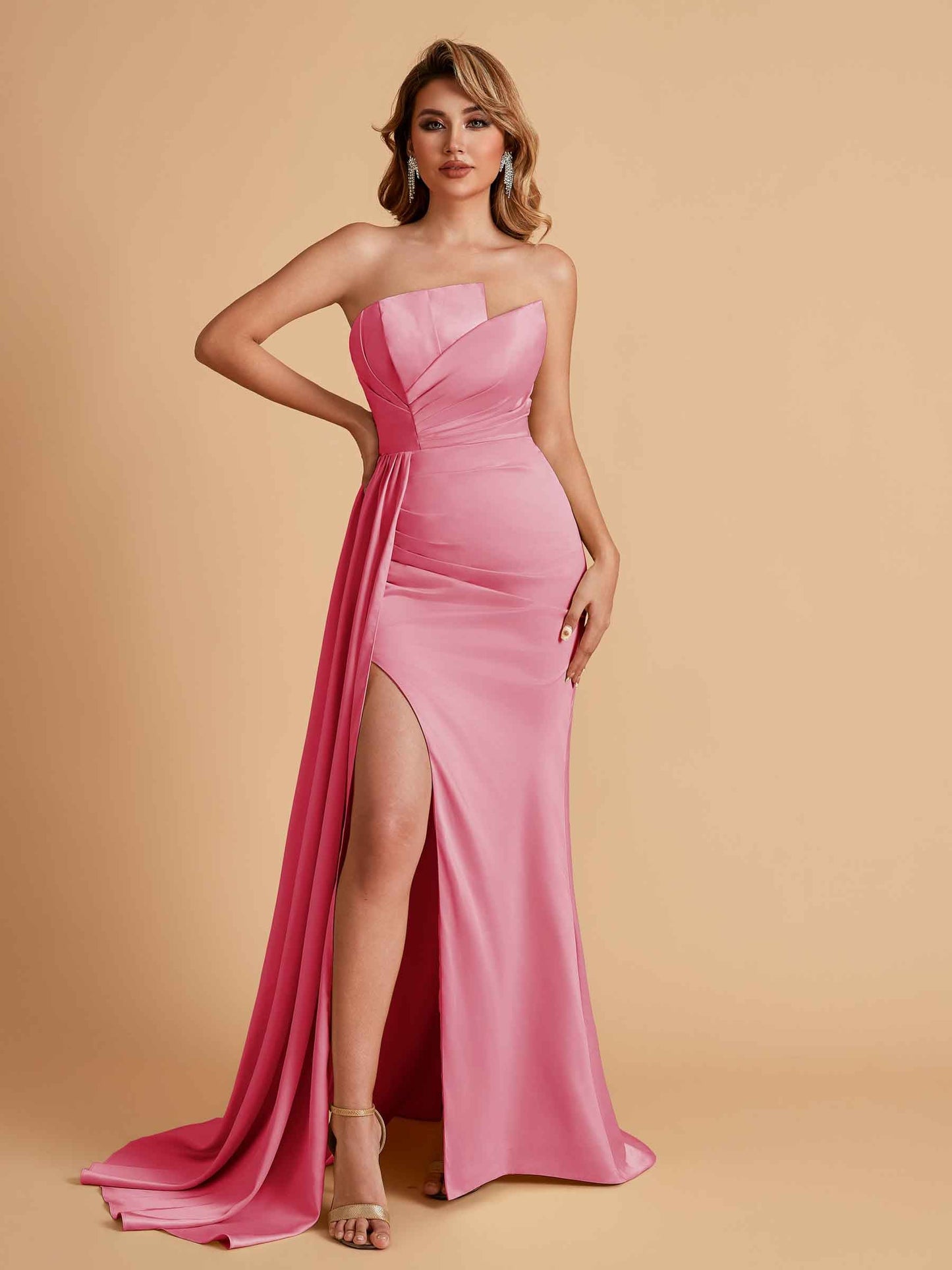 Elegant Satin Sleeveless Asymmetrical Mermaid Side Slit Floor Length Bridesmaid Dresses