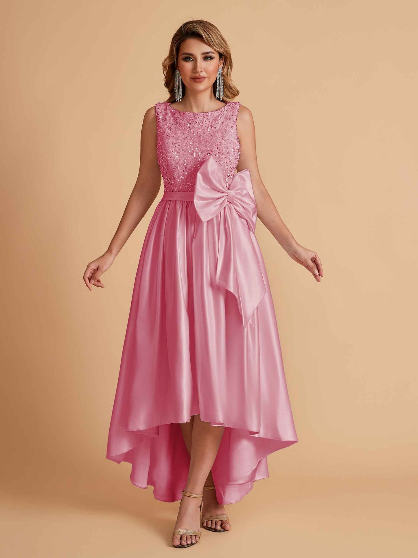 Sparkly Satin Sleeveless Pleats A-line Bridesmaid Dresses High-Low