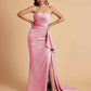 Sexy Satin Side Slit Strapless Pleats Floor Length Mermaid Bridesmaid Dresses
