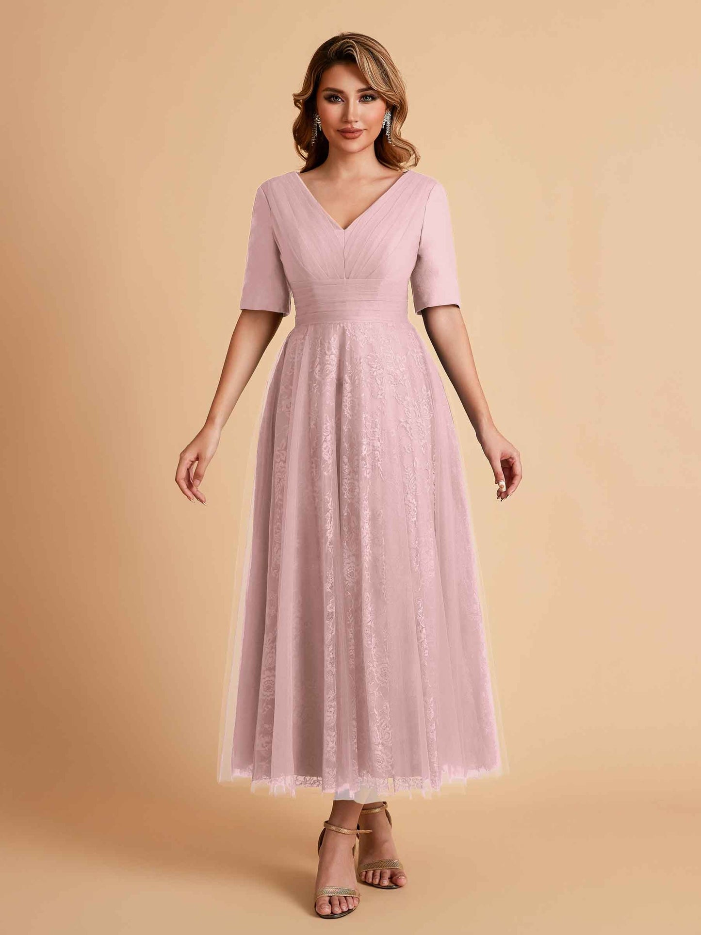 Elegant A-line Half Sleeves V-neck Mother of the Brides Dresses Online
