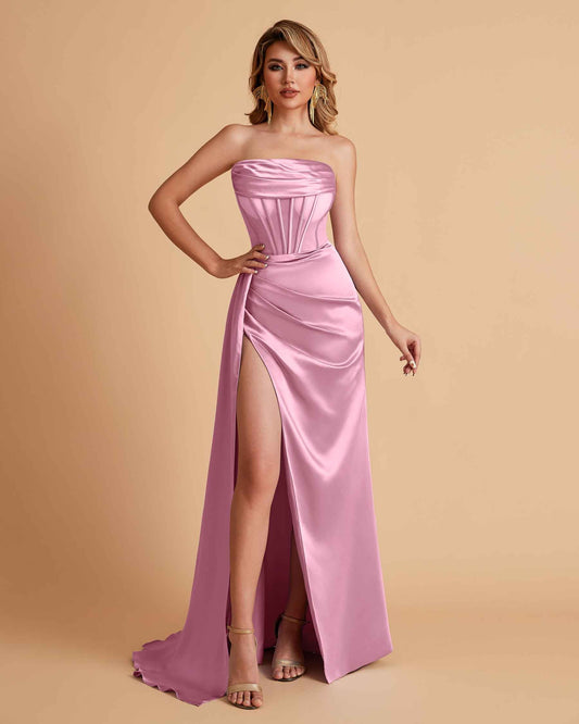 Sexy Satin Strapless Pleats Mermaid Bridesmaid Dresses Side Slit Floor Length