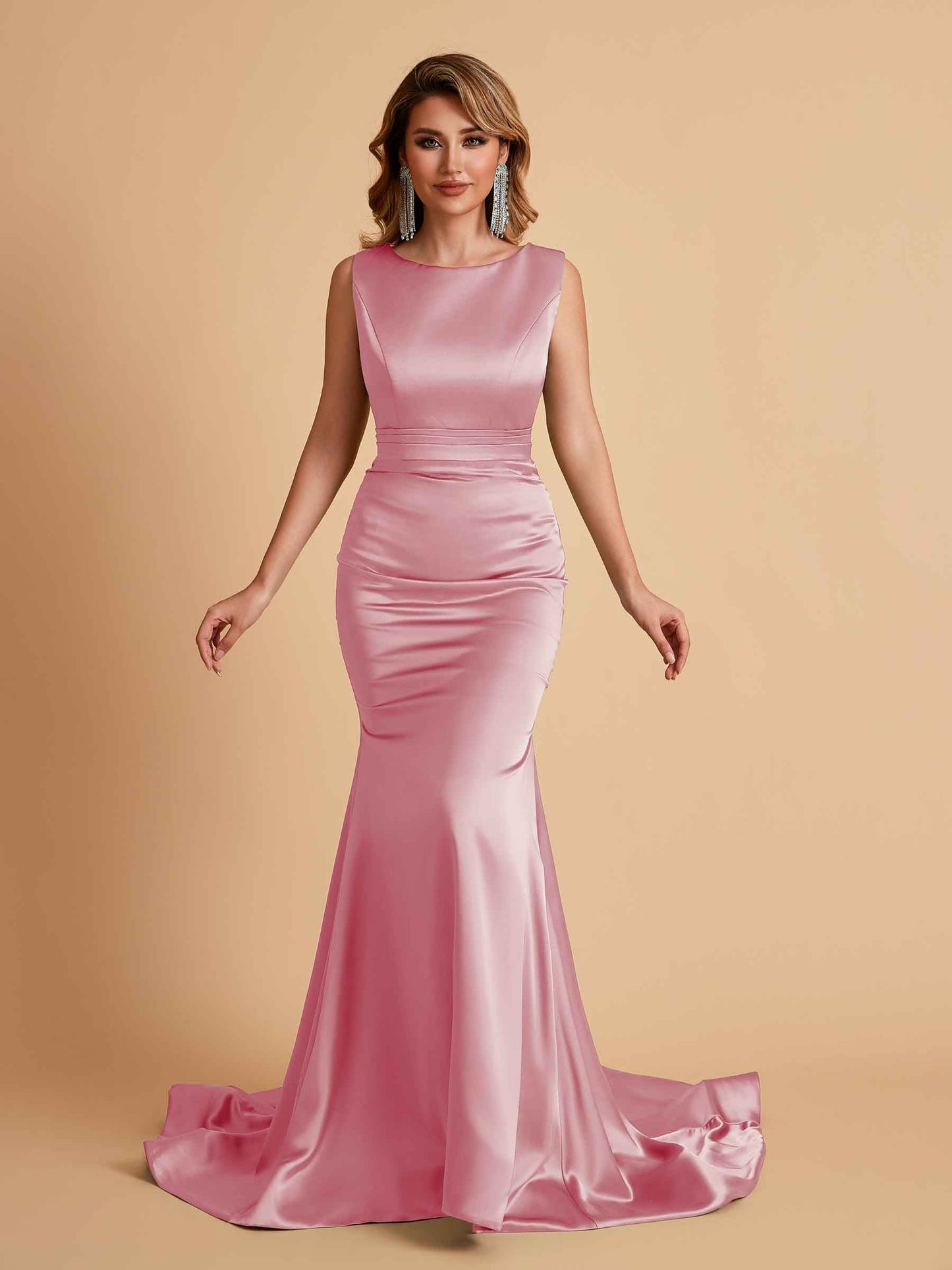 Elegant Satin Sleeveless Pleats Mermaid Bridesmaid Dresses Floor Length