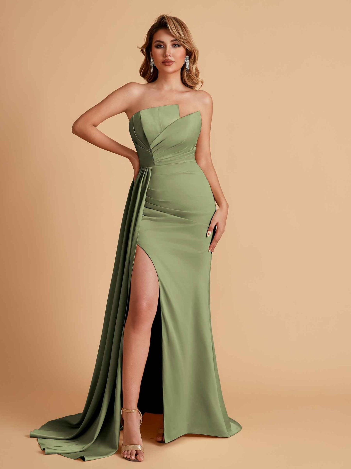Elegant Satin Sleeveless Asymmetrical Mermaid Side Slit Floor Length Bridesmaid Dresses