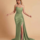 Sexy Satin Sleeveless Pleats Mermaid Bridesmaid Dresses Side Slit Floor Length