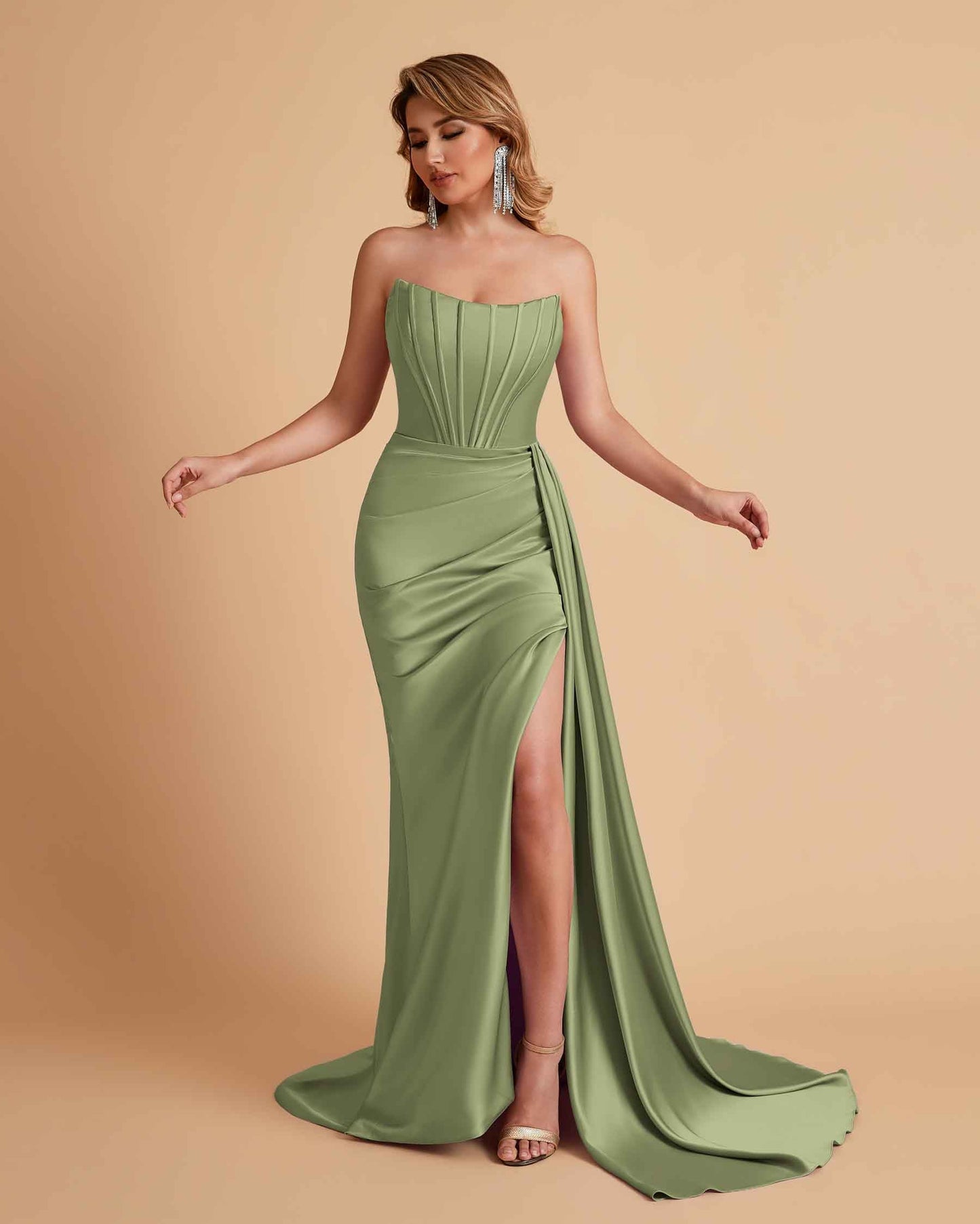 Sexy Satin Sleeveless Pleats Mermaid Bridesmaid Dresses Side Slit Floor Length