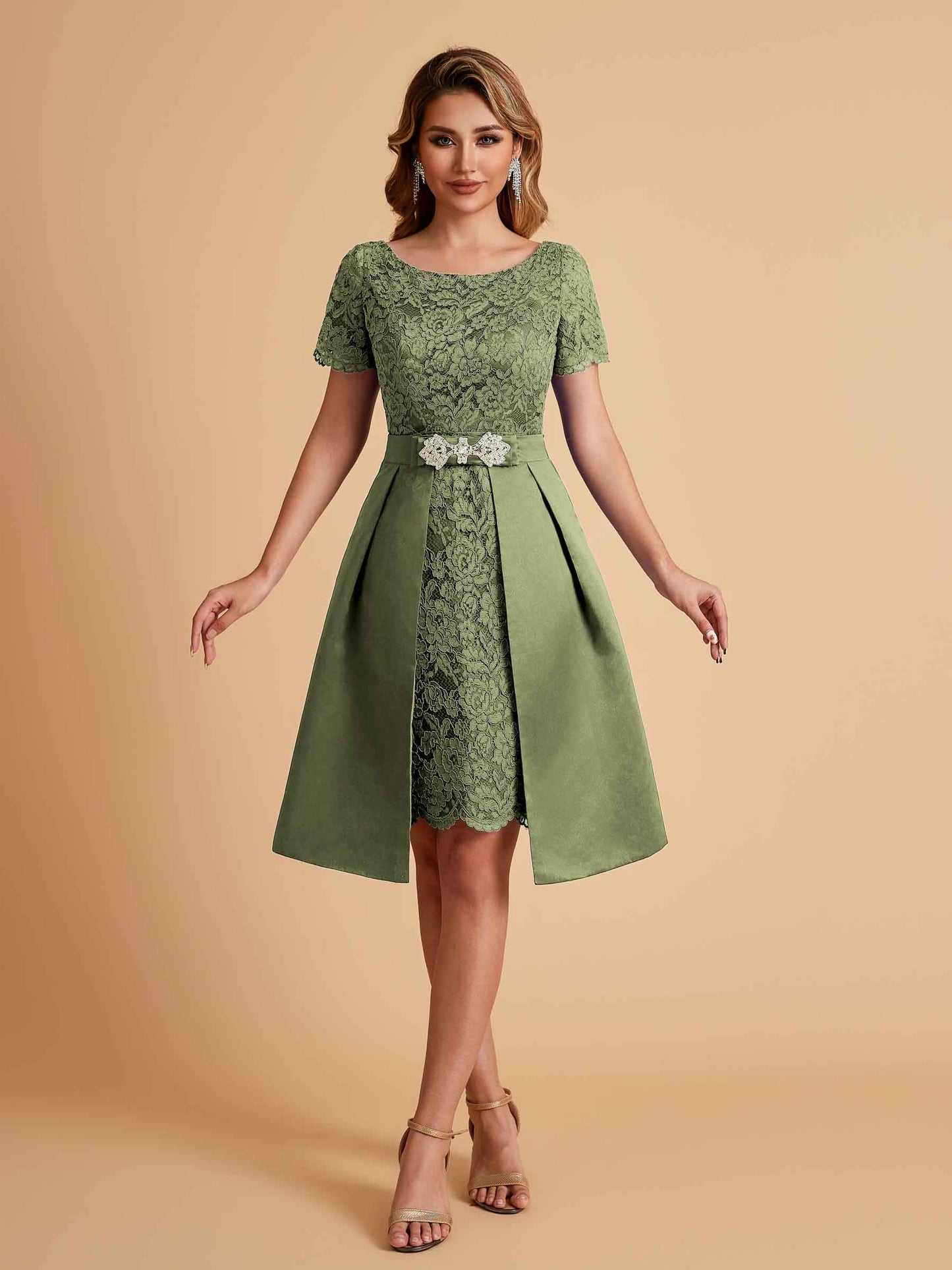 Elegant A-line Short Sleeves Jewel Knee Length Mother of the Brides Dresses