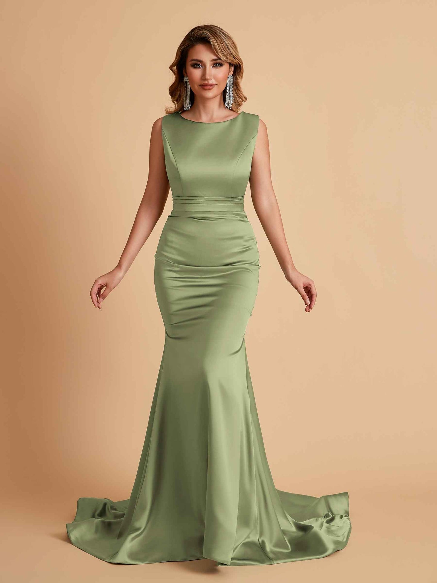 Elegant Satin Sleeveless Pleats Mermaid Bridesmaid Dresses Floor Length