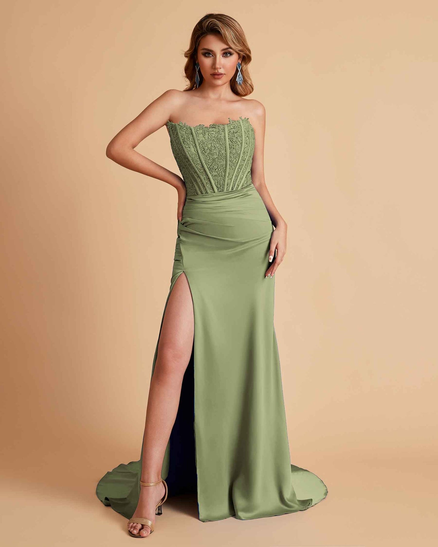 Sexy Satin Strapless Side Slit Floor Length Lace Mermaid Bridesmaid Dresses
