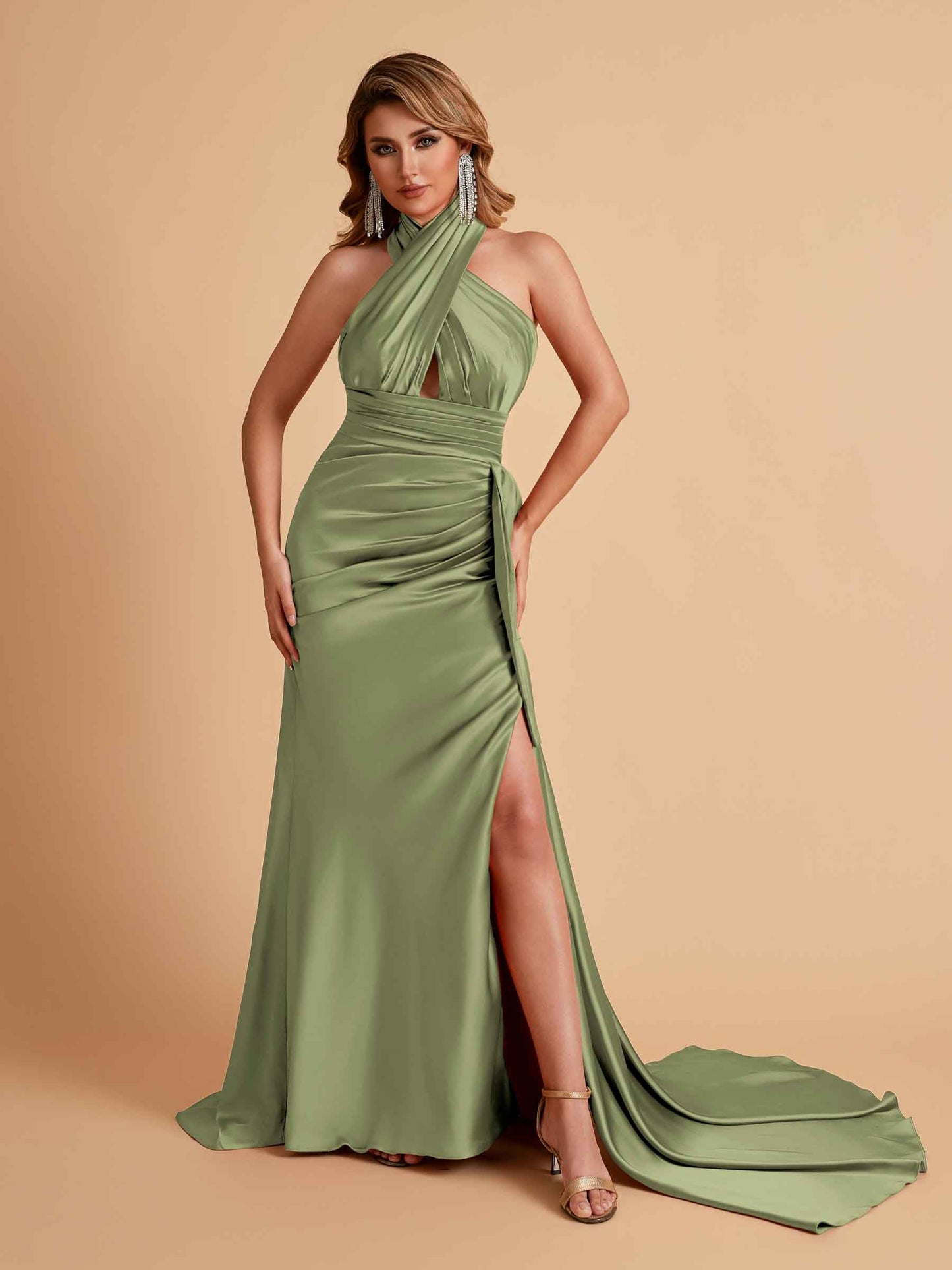 Elegant Satin Halter Pleats Side Slit Mermaid Bridesmaid Dresses Floor-Length