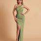 Sexy Satin One Shoulder Mermaid Bridesmaid Dresses Side Slit Floor Length