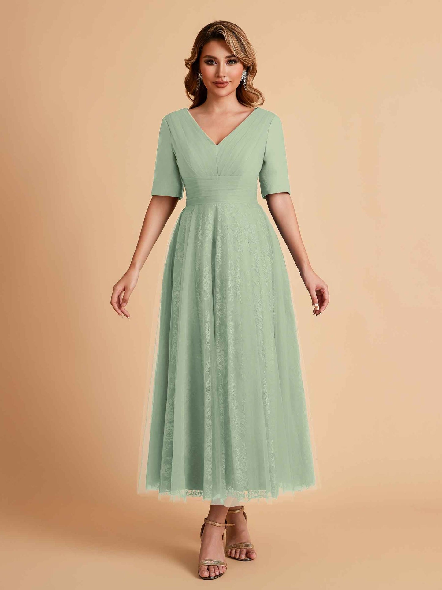 Elegant A-line Half Sleeves V-neck Mother of the Brides Dresses Online