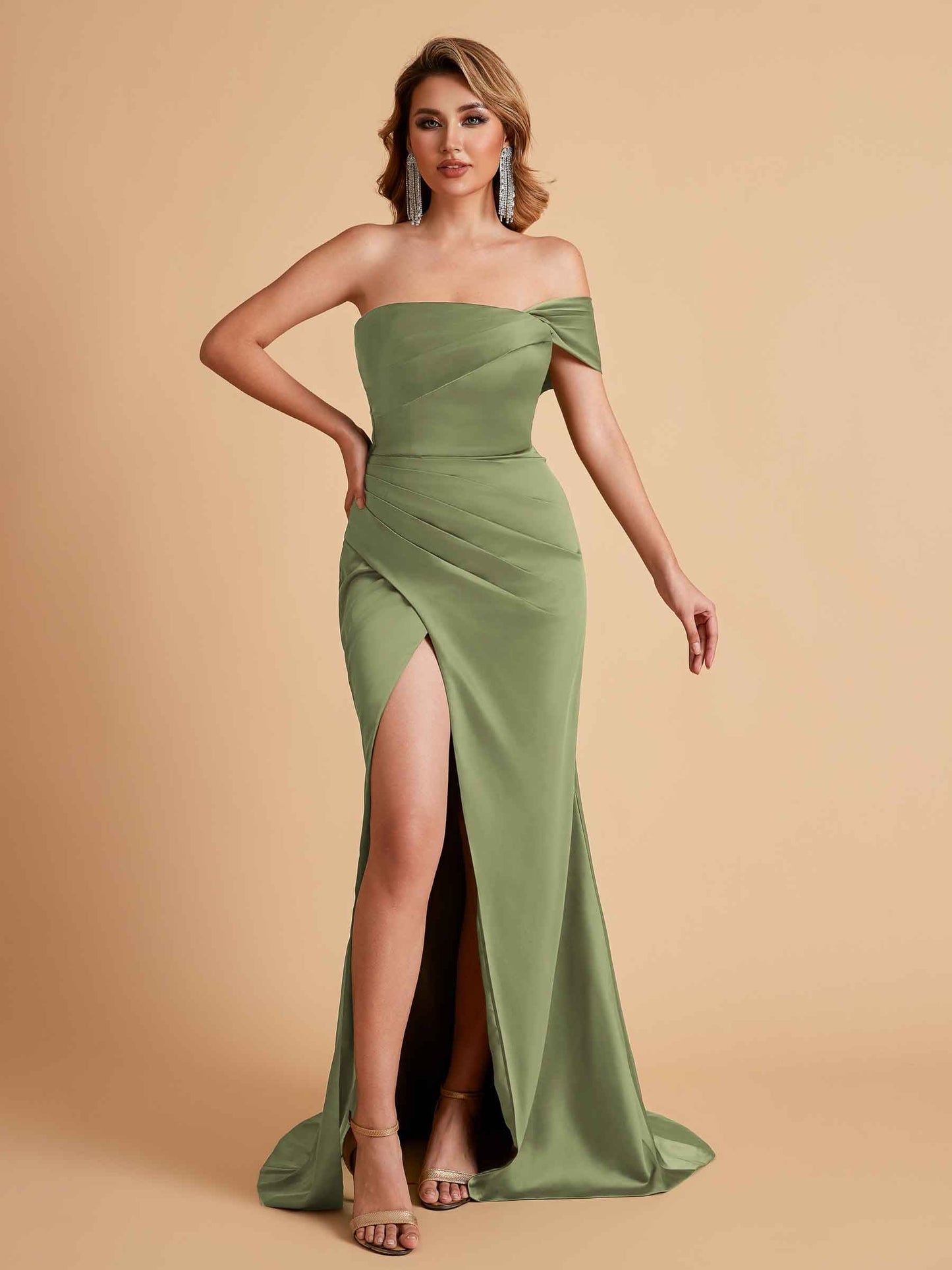 Sexy Satin One Shoulder Pleats Mermaid Bridesmaid Dresses Side Slit Floor Length