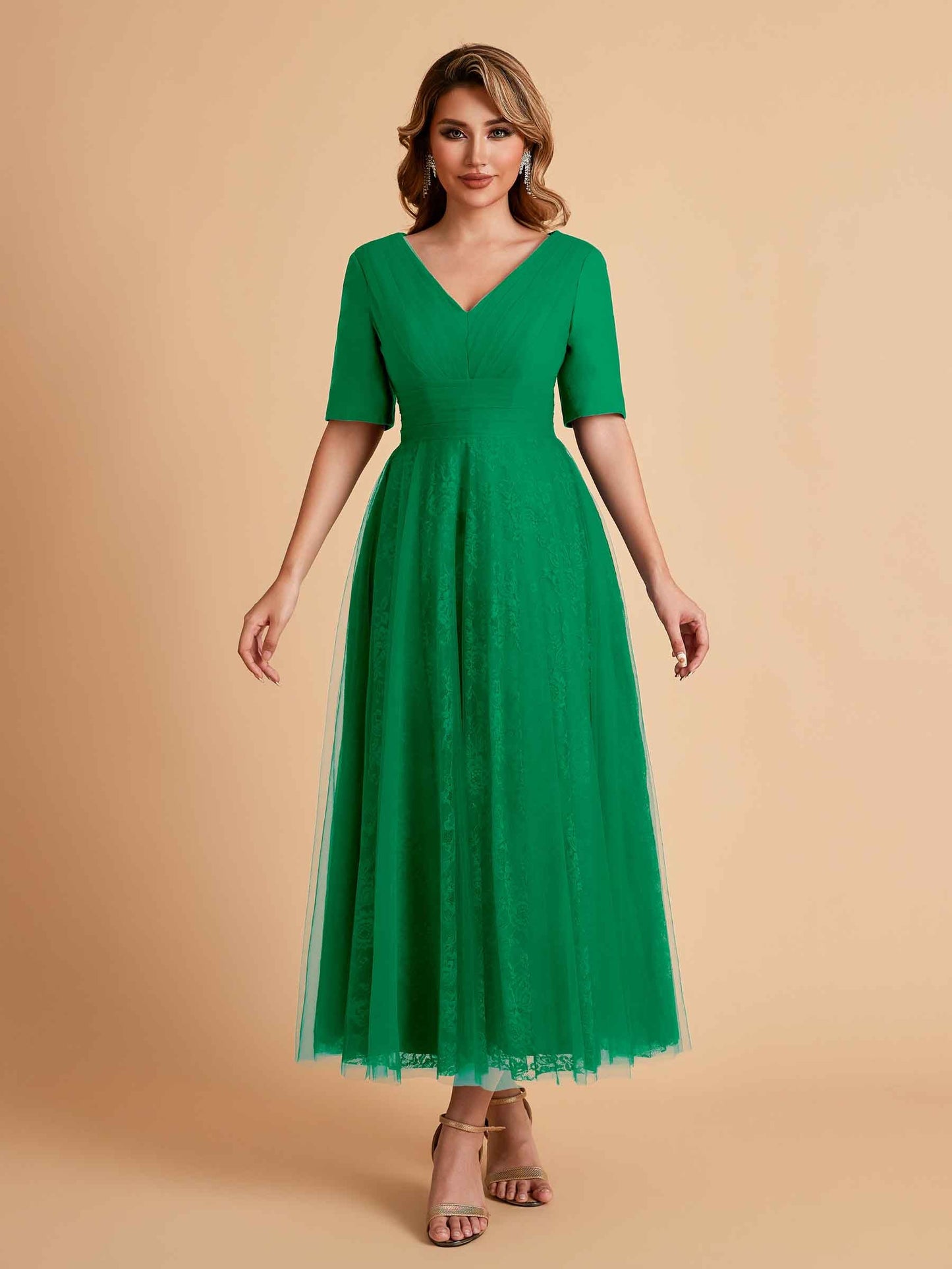 Elegant A-line Half Sleeves V-neck Mother of the Brides Dresses Online