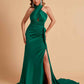 Elegant Satin Halter Pleats Side Slit Mermaid Bridesmaid Dresses Floor-Length