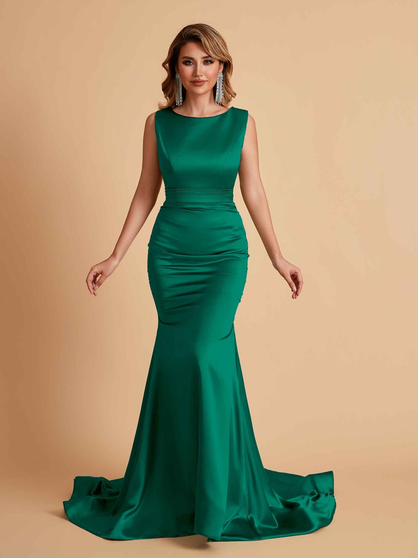Elegant Satin Sleeveless Pleats Mermaid Bridesmaid Dresses Floor Length