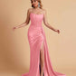 Sexy Satin Sleeveless Pleats Mermaid Bridesmaid Dresses Side Slit Floor Length