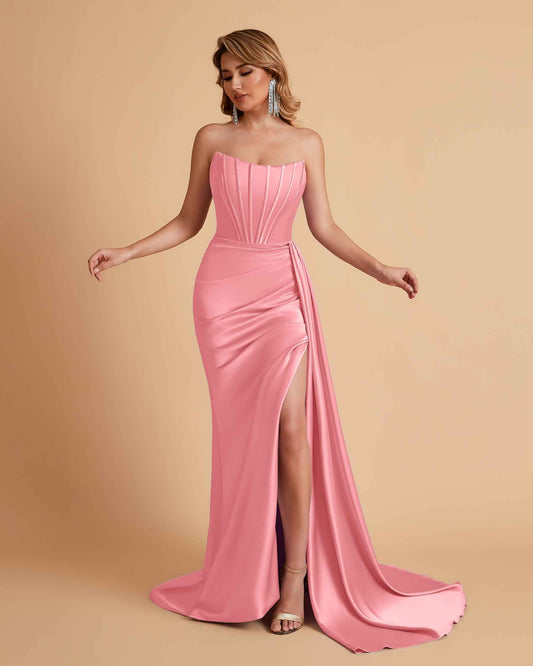 Sexy Satin Sleeveless Pleats Mermaid Bridesmaid Dresses Side Slit Floor Length